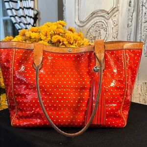 Brighton Pixie Hearts Red and Tan Leather Tote with Heart Cutouts